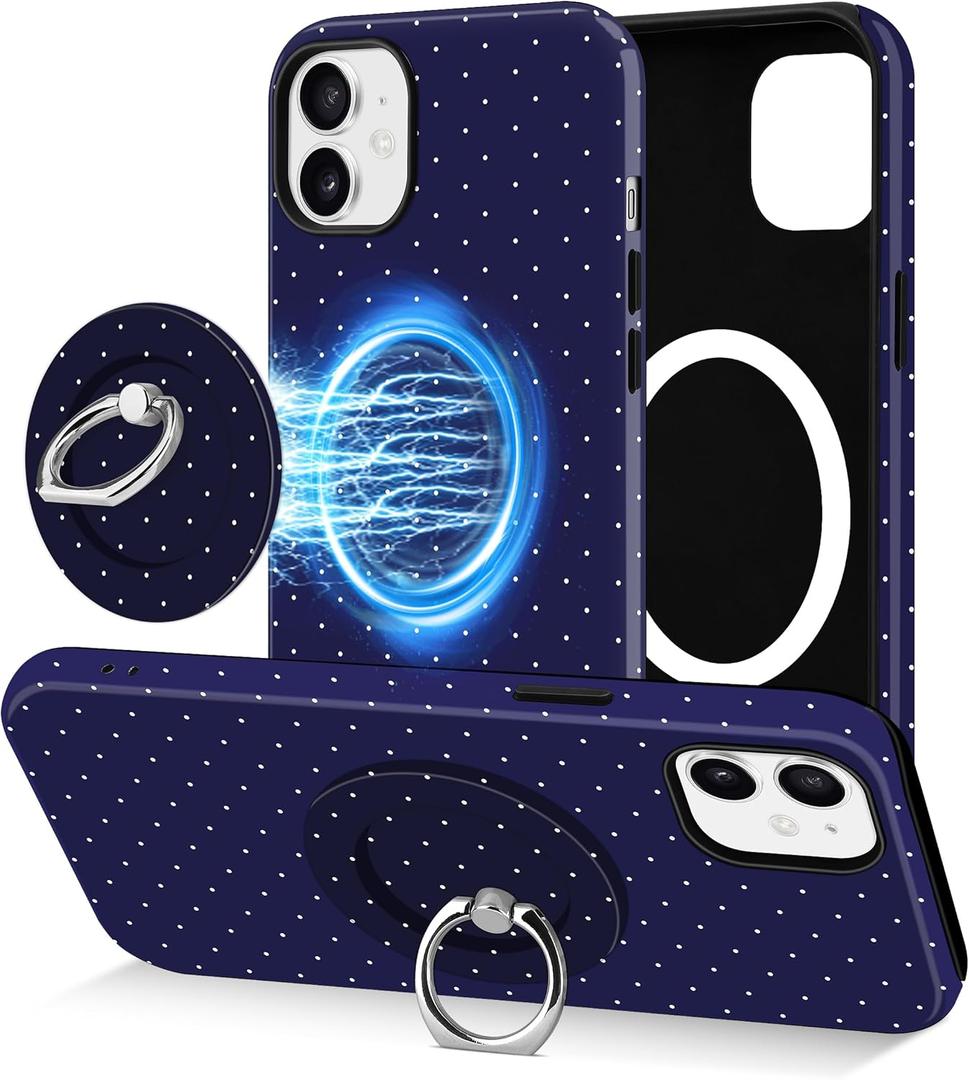 Jusy Compatible with Magsafe Polka Dot Phone Case for iPhone 12/12 Pro, Cute Aesthetic Magnetic Ring Holder Stand Case, Soft TPU and Hard PC Protective Phone Cover for Women Girls - Blue Polka Dot