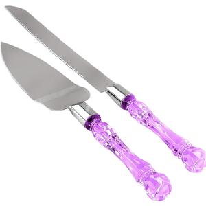 Cake Knife and Server Set, Cake Cutter and Pie Spatula, Cake Server and Knife Set with Acrylic Faux Crystal Handles, Cake Cutting Set for Wedding Cake, Birthdays, and Parties (Purple Silver)