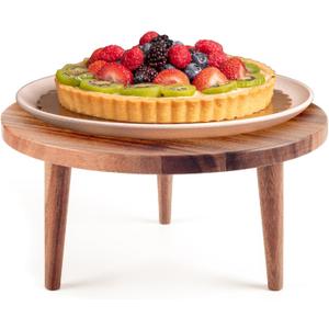 Acacia Wooden Round Footed Serving Board - Pedestal Riser Cake Stand with Removable Legs - Charcuterie Tray Cheese Bread Fruit Vegetable Platters - Plant Holder Set 12 X 6 inches