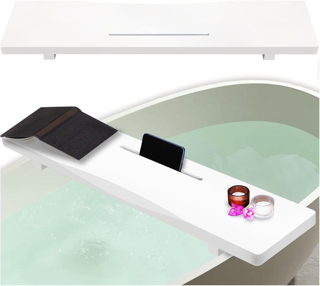 Stylish White Bamboo Bathtub Tray Caddy with Adjustable Legs, Minimalistic Design Bath Tray for Tub, Bathtub Accessories, Fits Most Bath Tubs, Ideal for Women (36"9"2.4")