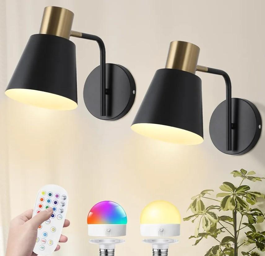 Battery Operated Wall Sconce Set of 2,Rechargeable Wall Lights with Remote Control,Black Gold Modern Wall Sconces Dimmable,15 Colors, Wireless LED Wall Lamp for Bedroom Living Room Farmhouse Hallway