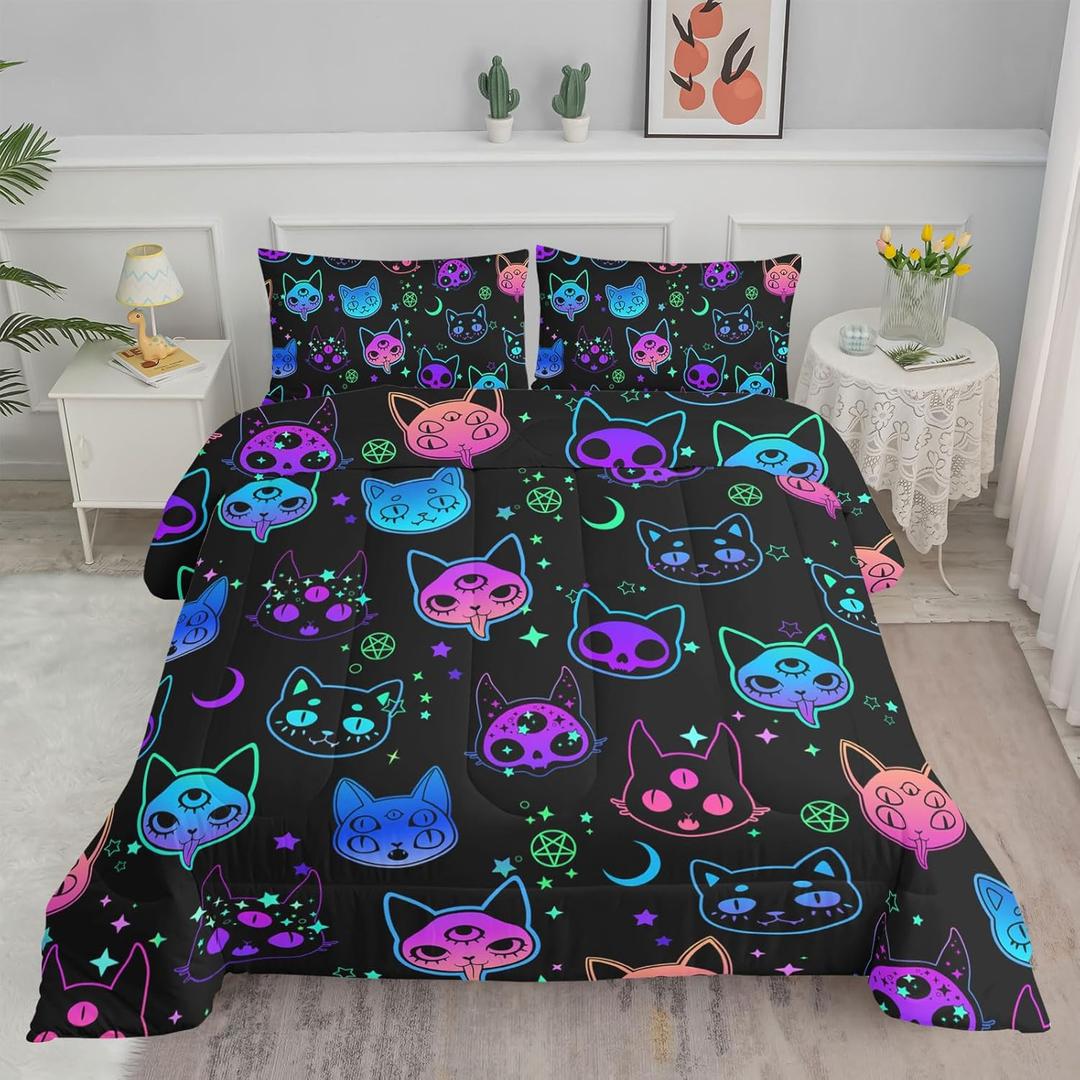 Axolotl Cat Comforter Set Twin, Kawaii Trippy Cat Moon Stars Bedding Set with 1 Comforter 2 Pillowcases for Kids Boys Girls Teens Adults Room Decor All Season, Colorful Neon Trippy Bed Set