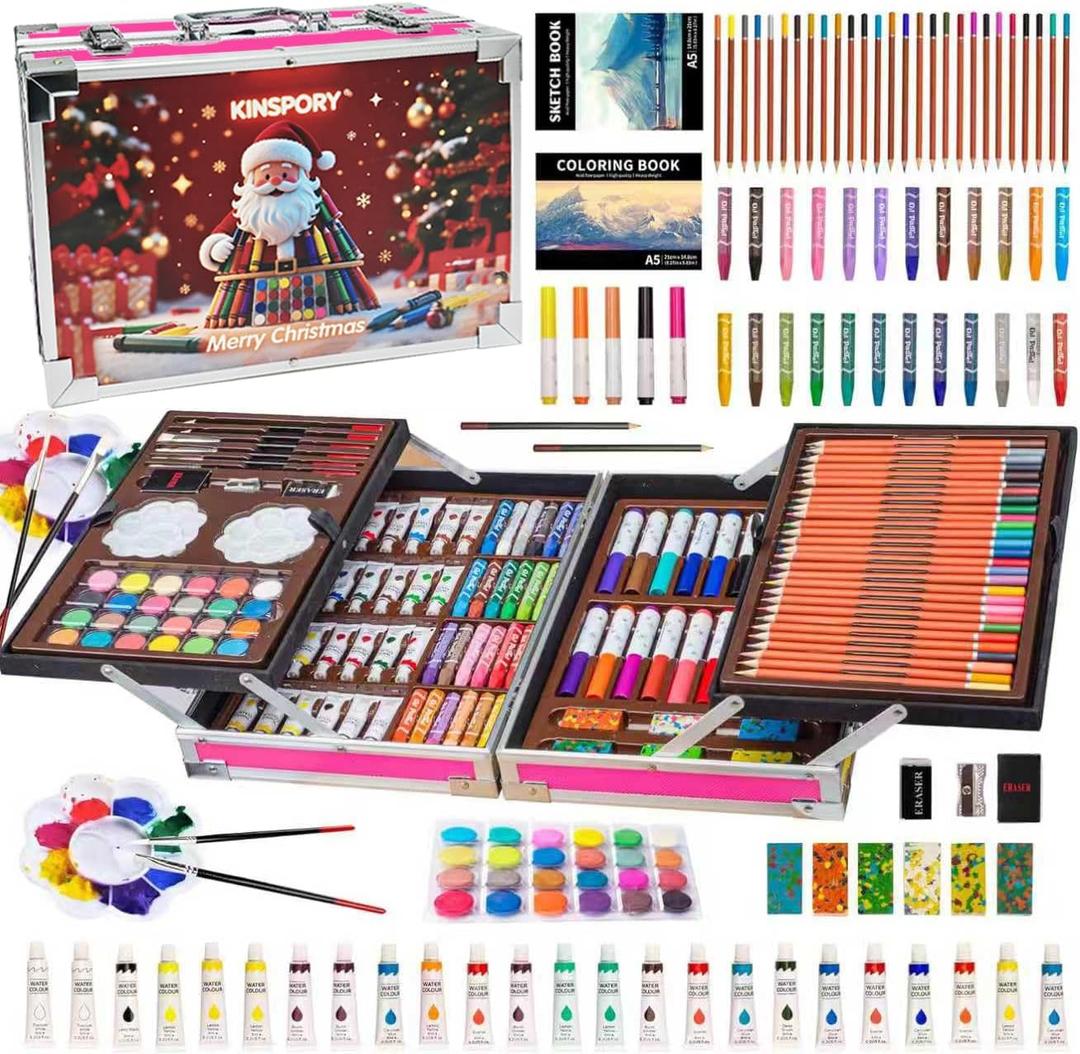KINSPORY Art Supplies, 139 Pack Painting Drawing Art Kit with 2 Sketch Pads, Deluxe Double Layers Art Set Crafts, Colored Pencils, Oil Pastels, Watercolor Paints, Colored Markers for Kids (Red)