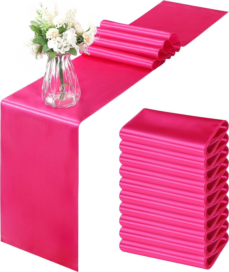 Horbaunal 12 Pack Hot Pink Satin Table Runner 12 x 108 Inch, Smooth Table Runners for Wedding Banquets Birthday Party