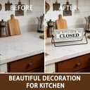 Kitchen Open Closed Sign, Rotating Tabletop Decor with Embossed Metal, 12 Inch Double Sided Freestanding Sign for Countertop, Modern Home Kitchen Cafe Decor, Black and White