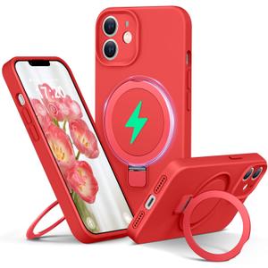 Liquid Silicone Case for iPhone 12 with Magnetic Ring Stand, Upgraded Camera Lens Protection, Mil-Grade Drop Shockproof, Soft Anti-Scratch Microfiber Lining Silicone Case (Red)