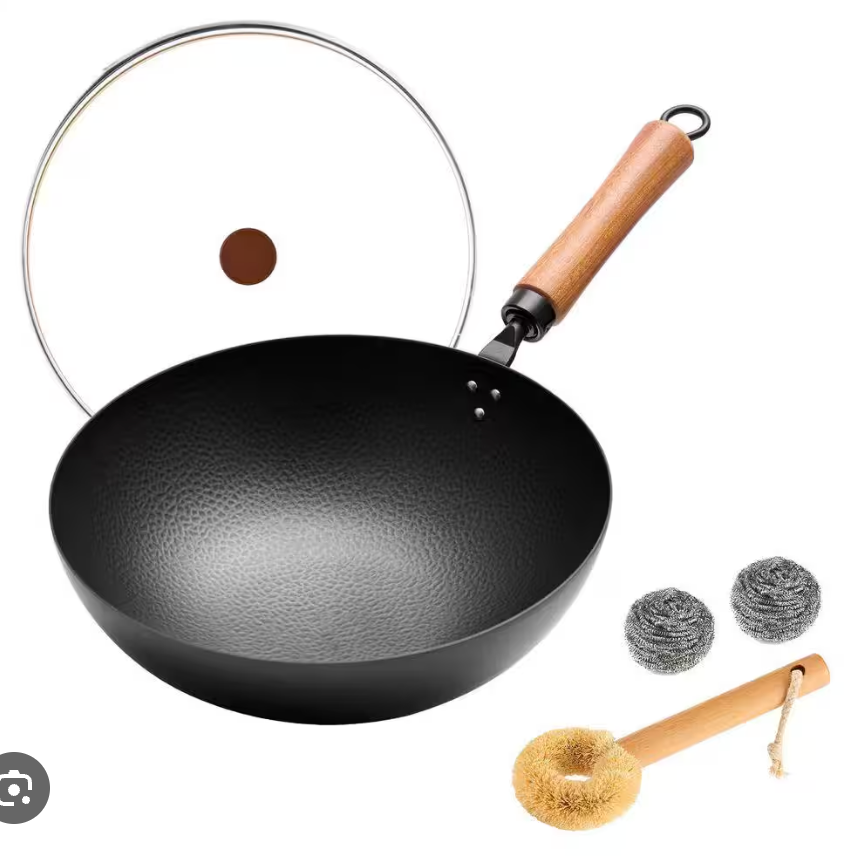 Carbon Steel Wok with Lid, 12.6" Hammered Stir Fry Pan with Helper Handle & Iron Spatula, Thickened Heavy Duty Flat Bottom Wok for Induction, Electric & Gas Stoves, Metal Utensil Safe