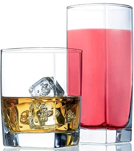Everyday Drinking Glasses Set of Only 7 Drinkware Kitchen Glasses for Cocktail, Iced Coffee, Beer, Ice Tea, Wine, Whiskey, Water, 4 Tall Highball Glass Cups & 4 Short Old Fashioned Drinking Glass