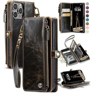 Defencase Compatible with iPhone 12/Pro Case Wallet with RFID Blocking Card Holder for Women Men, PU Leather Magnetic Snap Flip Zipper Strap Wallet Phone Case Fit for iPhone 12 & 12 Pro 6.1", Coffee