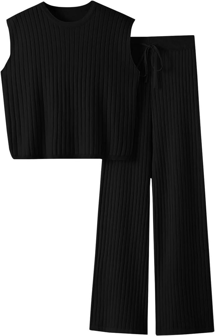 Imily Bela Womens 2 Piece Outfits Sleeveless Ribbed Knit Tops Wide Leg Pants Summer Vacation Sweater Matching Lounge Sets (Black, S)