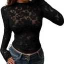 BTFBM Mesh Long Sleeve Tops for Women Lace Sexy Sheer See Through Crew Neck Tight Shirt Fall 2025 Party Club Outfits (XS, Black)