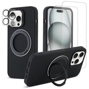 DUEEFA 360° Rotatable Magnetic Ring Stand for iPhone 15 Pro Max Case Compatible with MagSafe,with [2xScreen Protector+1xLens Protectors] Shockproof Silicone Slim Phone Case 6.7 inch (Black), Set of 2