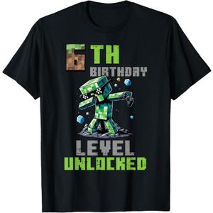 6th Birthday Level Unlocked Pixel Dab 6 Bday Gamer Boys Kids T-Shirt, XS