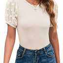 MIRALUNA Women's Round Neck Slimming Swiss Dots Mesh Puff Sleeve Bodysuit Blouse Casual Ribbed Knit Jumpsuit Shirts Tank Tops, Size XL