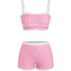 ZAFUL Womens High Waisted Bikini Sets 2 Piece Plaid Ruffle Swimsuits Back Strap Top with High Waisted Shorts Bathing Suit (Pink, M)