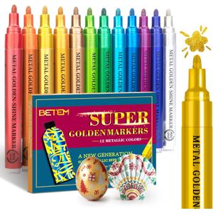 Betem Super Golden Metallic Paint Markers, 12 Colors Metallic Paint Pen Scrapbook Supplies, 2-3mm Medium Tips Glitter Markers for Black Paper, Rock Painting, Ceramic, Wood, Christmas Gifts DIY Crafts