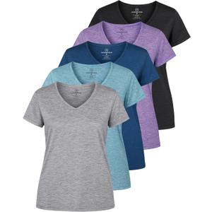 Real Essentials 5 Pack: Women's Dry-Fit Short Sleeve V Neck T Shirt Workout Fitness Yoga Top Tee, Medium