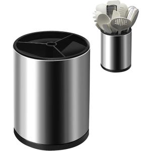 Stainless 360 Rotating Kitchen Utensil Holder Large Counter Utensil Caddy Cooking Spoon Stand Spatula Cutlery Metal Utensil (Silver)