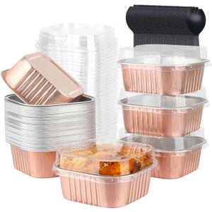 LNYZQUS Mini Cake Pans with Lids and Spoons,10oz Disposable Small Foil Baking Tins,40 Pack Individual Cake Containers for Home Bakers Bake Sales-Champagne,4x4 Square