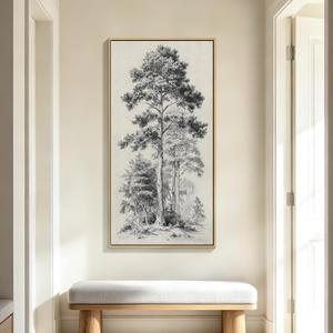 Framed Pine Tree Sketch Vintage Wall Art for Living Room,Black and White Forest Large Canvas Wall Art,Vintage Art Paintings Wall Decor,Cuadros Decorativos for Bedroom,Kitchen,19.6x39.3 Inch