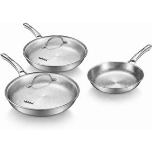 8/10/12Inch Pure Titanium Hammered Pro Pan with Two Lids, Non-Toxic Skillet for Cooking, PFAS/PFOA/PTFE Free Cookware, Dishwasher&Oven Safe, Kitchen Induction Compatible