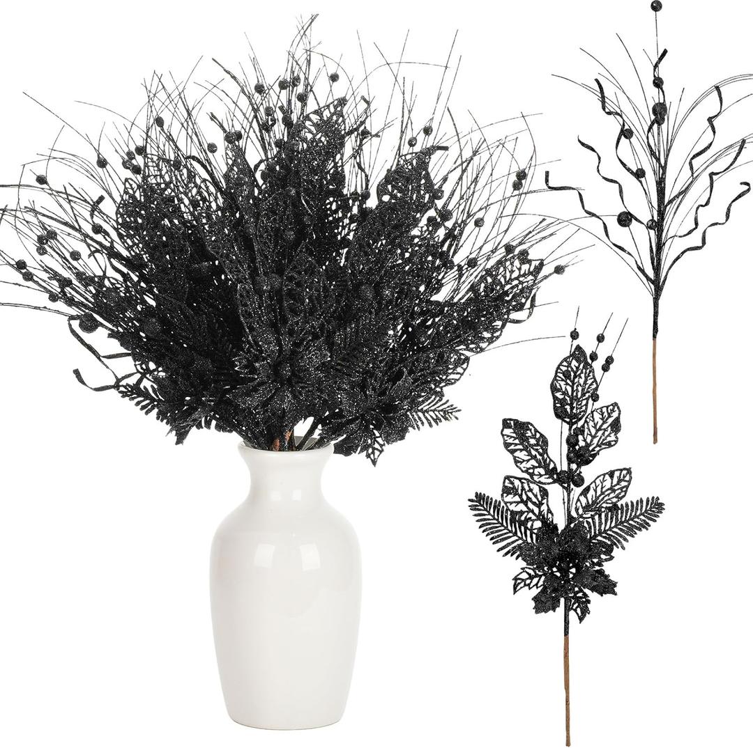 Yunlly 24 Pcs Black Christmas Tree Picks and Sprays Glitter Berry Stem Branches Artificial Christmas Picks Twigs Xmas Tree Ornaments for DIY Xmas Wreath Vase Filler Decorations