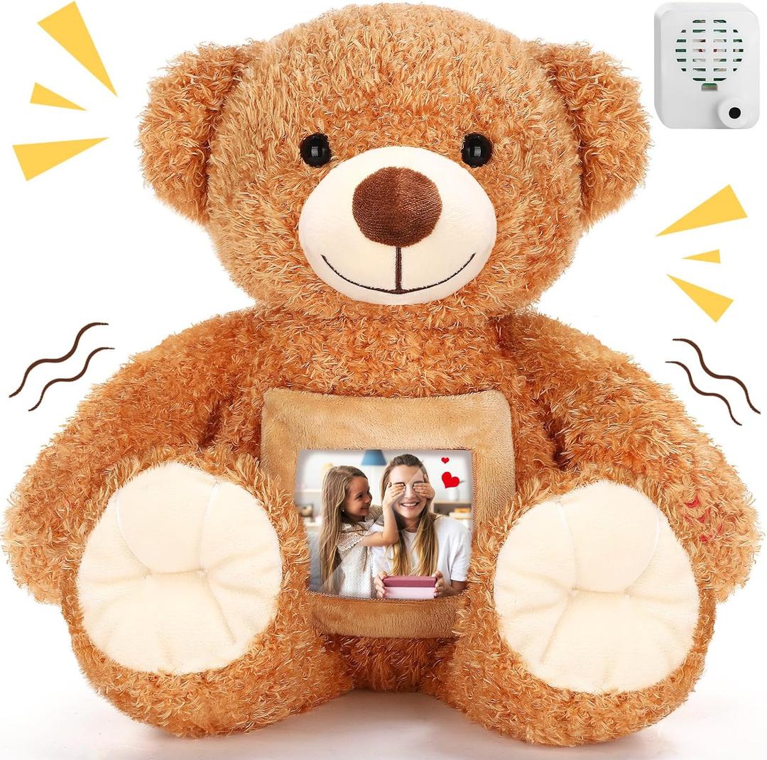 Liliful Valentine Bear Stuffed Animal Operation Recorder Bear with Voice Recorder 12 Inch Remembrance Animal Plush Toy with Photo Frame for Baby Shower Wedding Gifts (Light Brown)