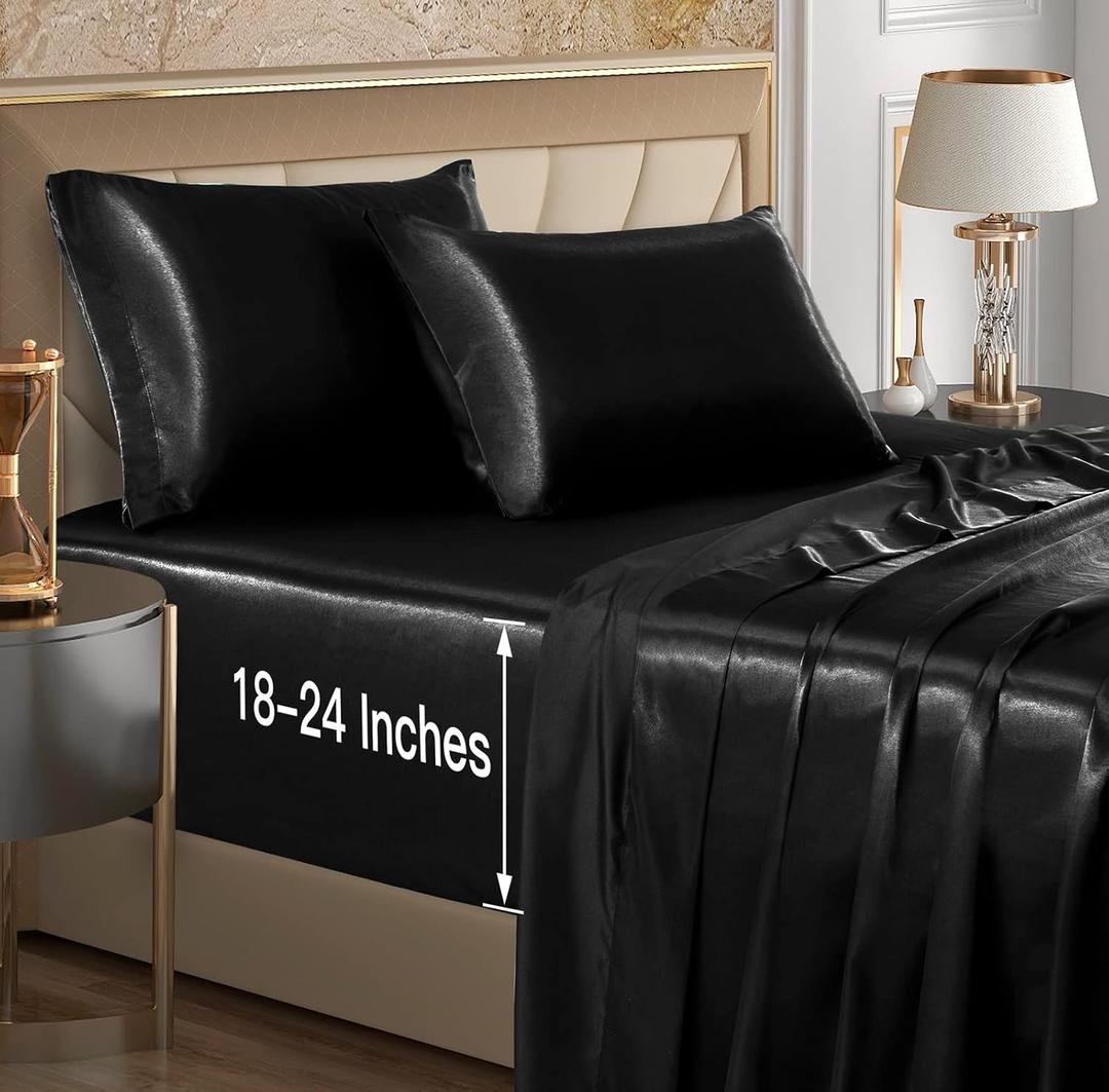 VACVELT 4pcs Extra Deep Pocket Satin Sheets King Size Bed Set, Black Satin Sheet Set Fit 18-24 Inch Deep Pocket Mattress, Silky & Luxury Satin Bedding Set Soft & Ultra Deep Fitted Sheet Set