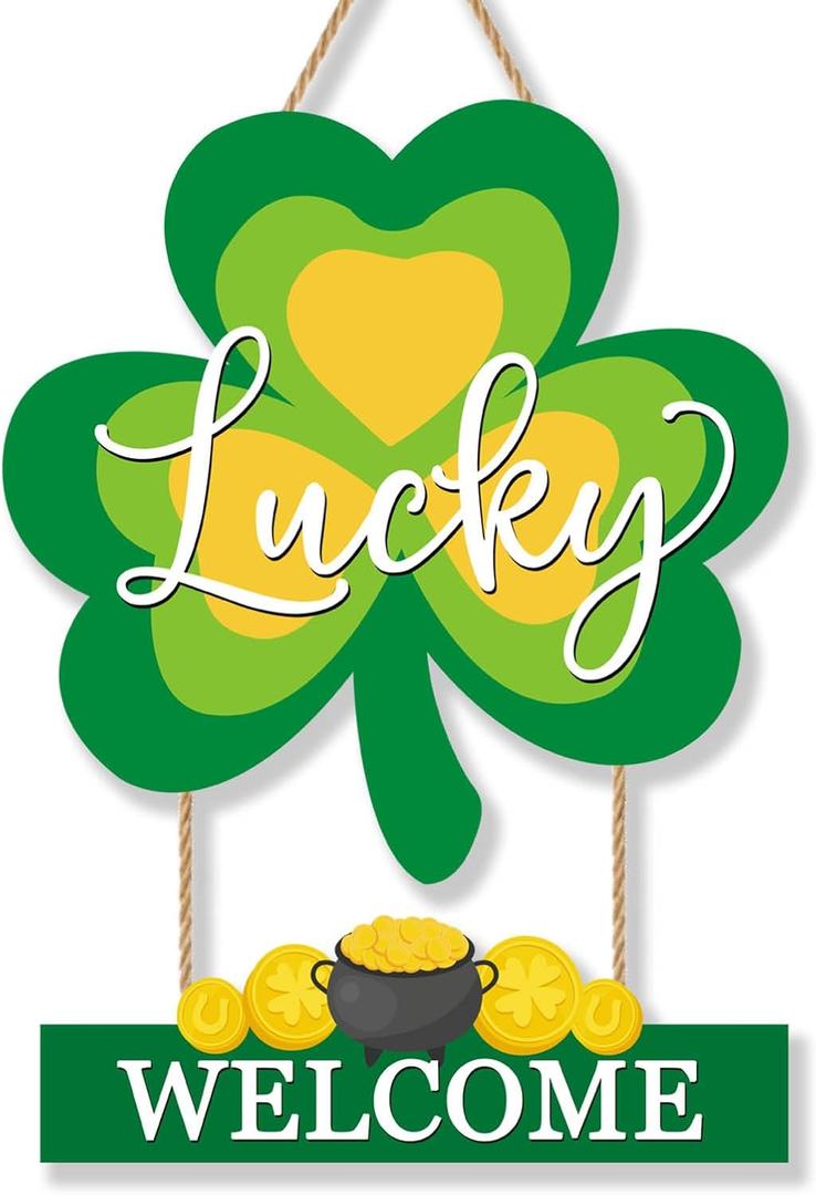 St. Patrick's Day Decoration Welcome Hanging Shamrock Door Wreath for Front Door Sign Wall Signs Shamrock Clover Spring Decor Irish Sign for Home Decor Party Outdoor Indoor Wooden 12 inch