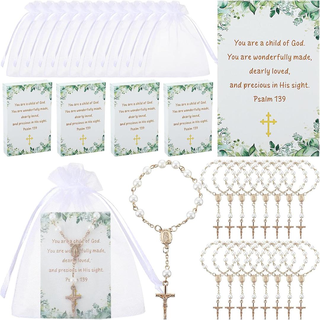 Quelay 50 Sets Baptism Favors Set Mini Rosaries Baptism Rosary Beads Faux Pearls with Cross Psalm Cards and Organza Bags Ivory Color Rosaries Greeting Cards for Baby Shower Christian Gifts