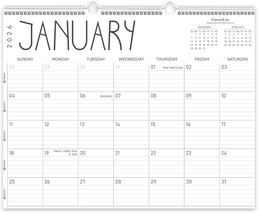 Guasslee Large Wall Calendar 2026, 12 Monthly Calendar from 2026 January-December 2026 Jumbo 22"x17" Hanging Desk/Wall Planner with Spiral Bound for School Home Office Organizing