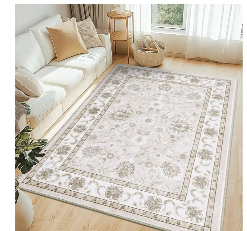 Smiry Floral Area Rug, 9x12 Feet Vintage Print Pattern, Machine Washable Non-Slip Floor Carpet, Low Pile Throw Rugs for Living Room, Bedroom, Dining Room, Laundry Indoor Home Decor, Beige