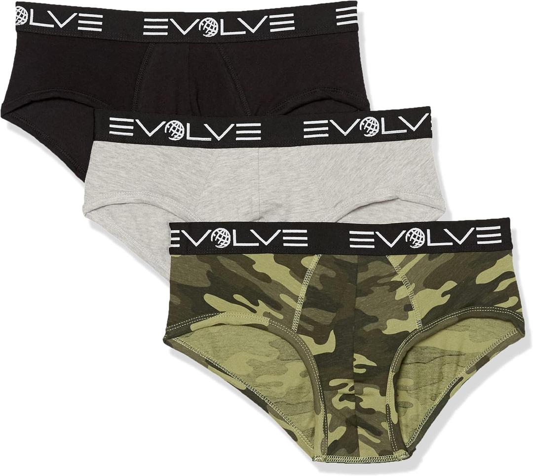 Evolve mens Cotton Stretch 3 Pack No Show Briefs (Large, Black/Heather Grey/Traditional Camo Army)