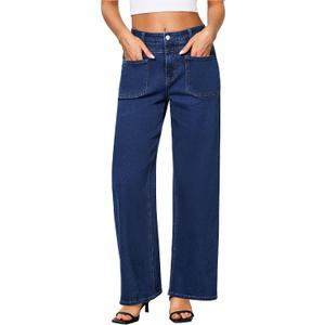 GRAPENT Wide Leg Jeans for Women Trendy High Waisted Loose Straight Leg Stretchy Retro Denim Pants with Pouch Pockets (Blue, S)