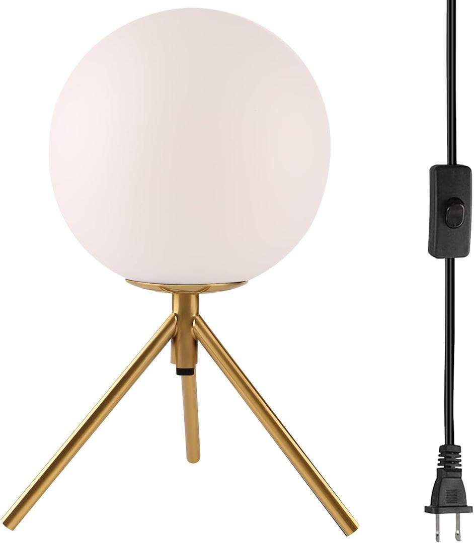 Small Table Lamp, Globe Table Lamp Mid Century Modern Gold Bedside Lamp Milk White Glass Ball Nightstand Reading Lamp with Metal Tripod Base, Mini Desk Lamps for Bedroom, Living Room, Study Room