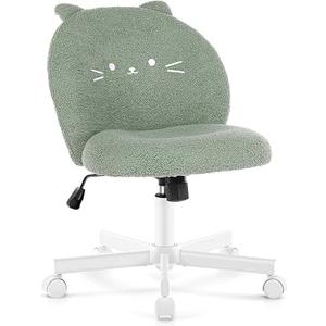 Vanity Chair with Cat Back,Armless Small Office Desk Chair, Gray, Teddy Fabric, 120°Tilting,Rolling,Swivel,Adjustable Height,Cute Plush Computer Chair for Vanity,Kids Room,Office,Bedroom