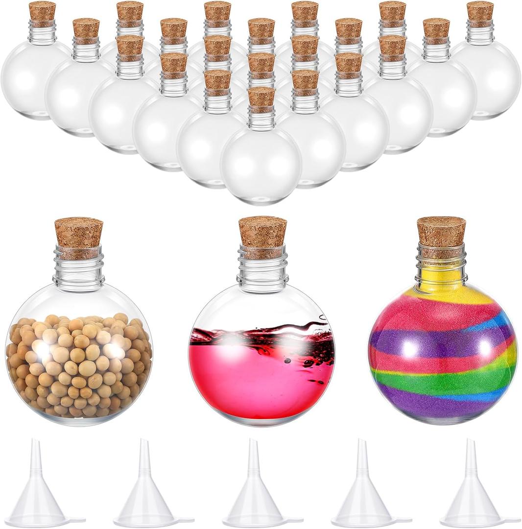 Layhit 24 Pcs Spherical Plastic Potion Bottles Ball Shape Round Bottles 3.4 oz Sand Art Jar with 5 Funnels Decorative container Candy Jar for Valentines Birthday DIY Crafts(Brown,Cork Stopper)
