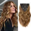 Hair Extensions for Women, 8PCS 16 Inch Chestnut Brown Clip in Hair Extensions Mix Blonde, Synthetic Wavy Clip Ins, Full Head Thick Hairpieces for Women