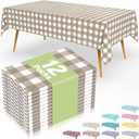 Smiry 12 Packs Gingham Disposable Table Cloth, 54 x 108 Inch Waterproof Plastic Tablecloth, Rectangle Khaki and White Checkered Table Covers for Outdoor, Birthday, Party