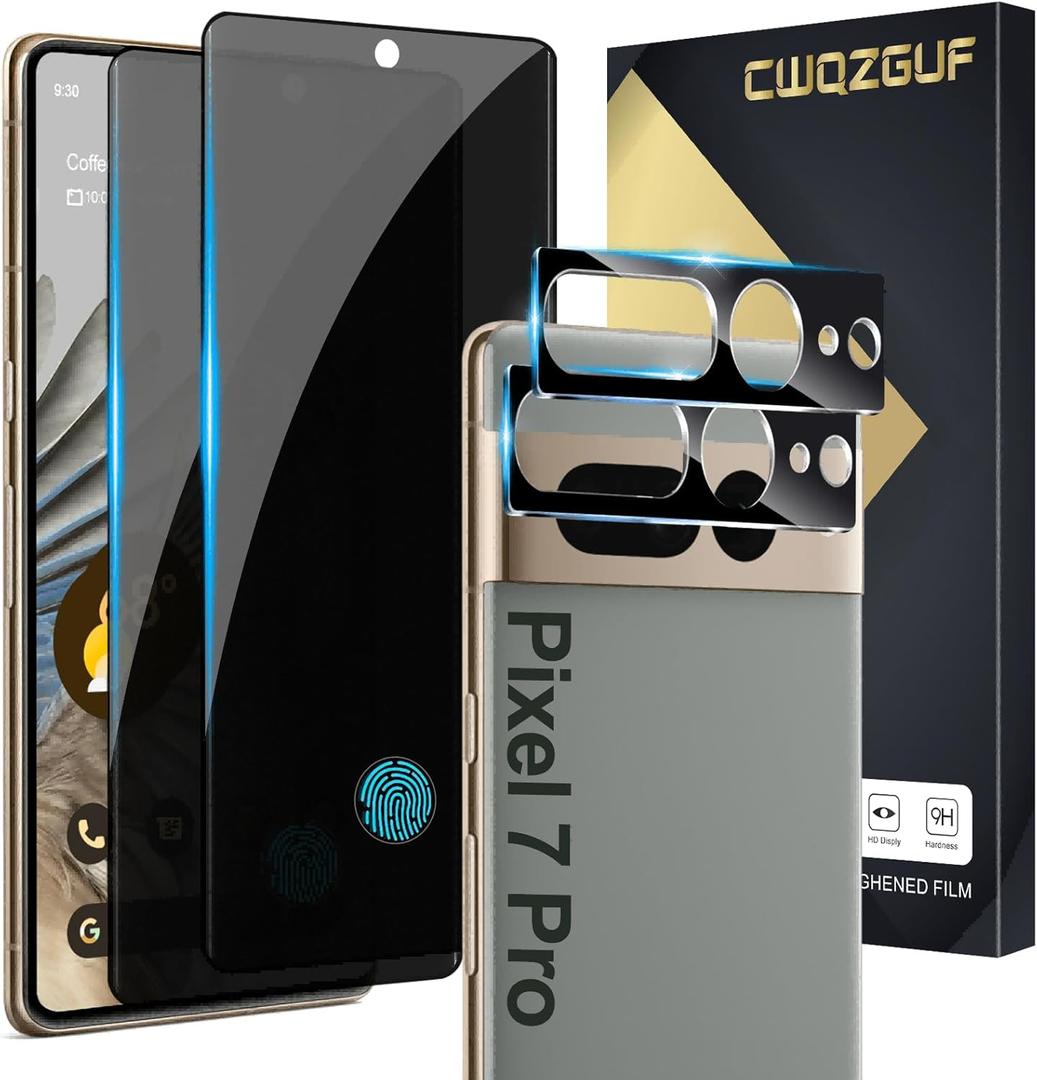 [2+2 Pack] Privacy Screen Protector Compatible with Pixel 7 Pro 5G, 2 Tempered Glass with 2 Camera Lens Protectors, High Clarity, Bubble Free, Anti-Spy Protection