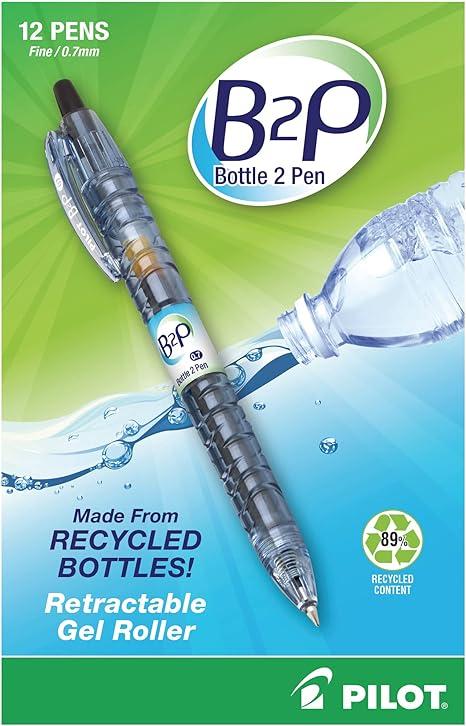 PilotBottle to Pen B2P Retractable Gel Pens, Fine Point, 0.7 mm, 89% Recycled, Translucent Barrel, Black Ink, Pack Of 12