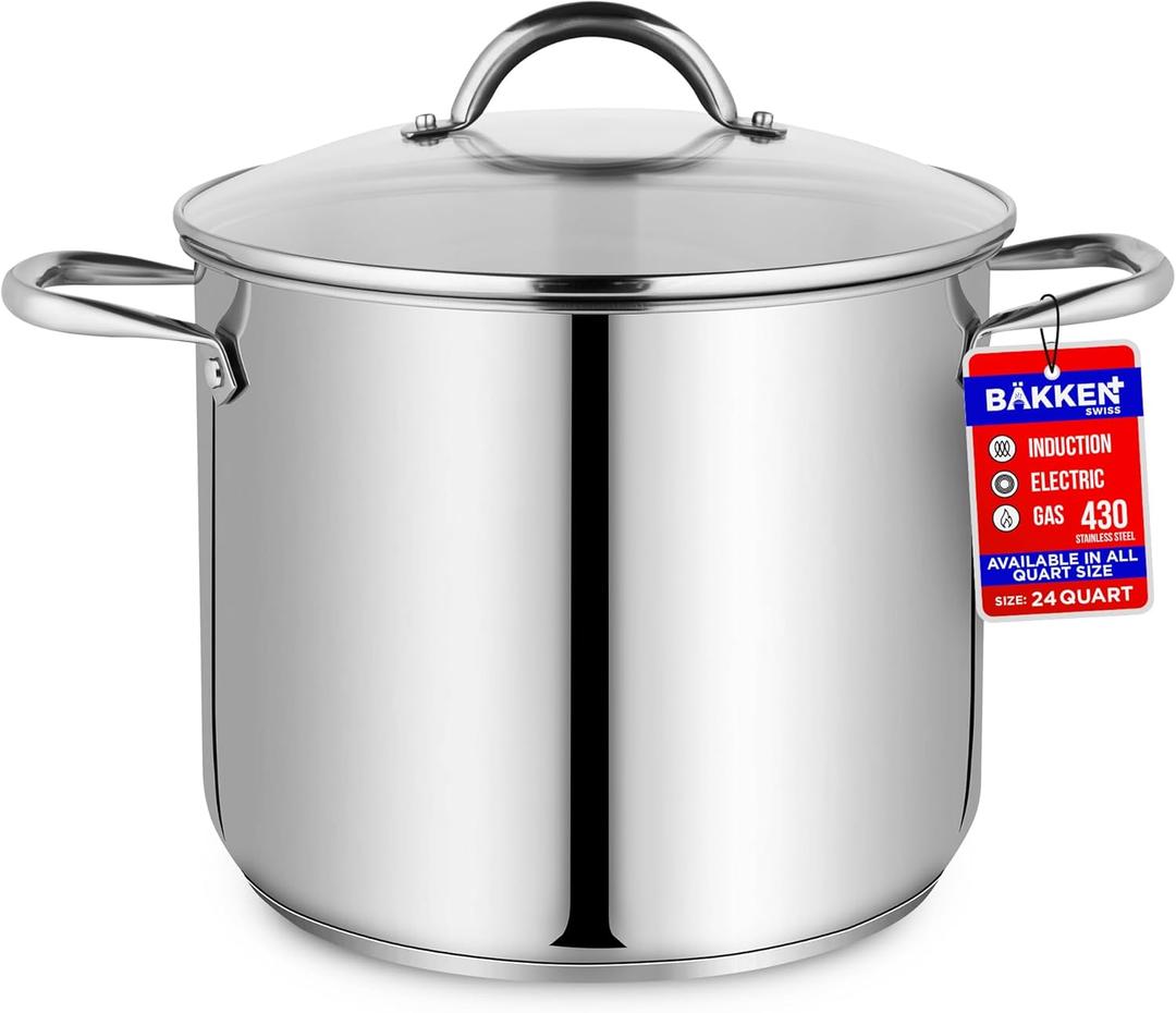 Stainless Steel Stockpot with Tempered Glass Lid 24 Quart, Durable 18/0 Stainless Steel, Impact-Bonded Base for Even Heating, Riveted Handles, Oven & All Stove Compatible, Safe Up To 500F (260C)