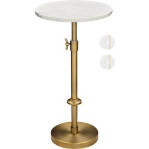 Adjustable-Height Marble Drink Table - 12x12x22-30, White Marble & Antique Brass, Modern Round End Table, Side Table with Pedestal Stand for Small Spaces, Vintage Metal Martini Cocktail Accent