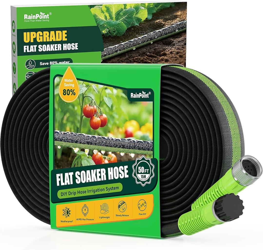 RAINPOINT Soaker Hose 50FT, 80% Water-Saving Drip Irrigation Hose for Garden, Leakproof and Flexible with Anodized Aluminum Ends, Double Layer Flat Soaking Hose for Garden, Green