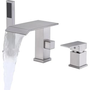 Roman Tub Faucet with Handheld Shower Waterfall Bathtub Faucet 3 Hole Widespread Tub Filler Deck Mount Brushed Nickel