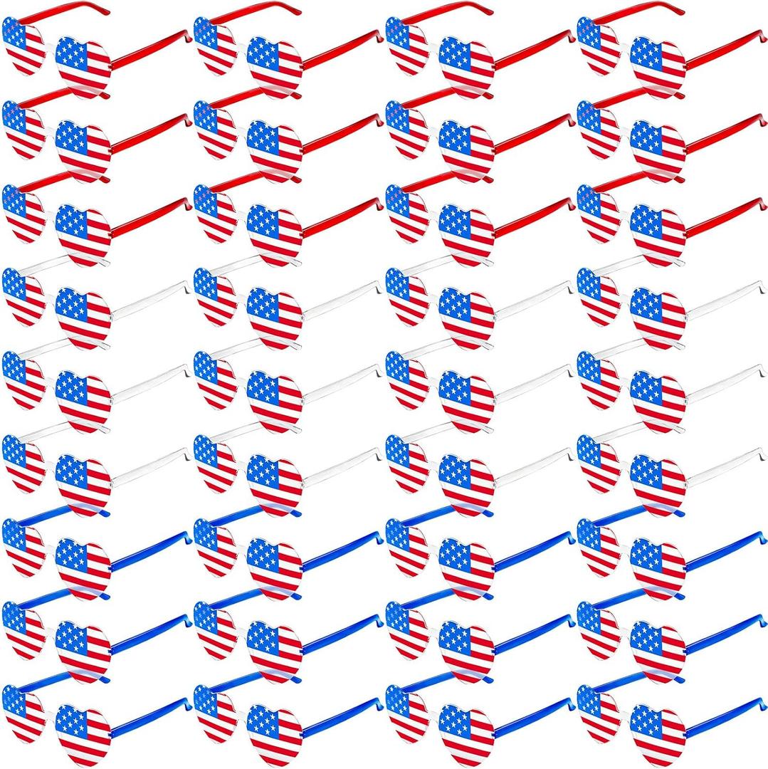 XIMenNaO 36 Pack 4th of July Heart Sunglasses, American Flag Patriotic Sunglasses Red White Blue Glasses for Women Men, USA Independence Day Party Favor Accessories
