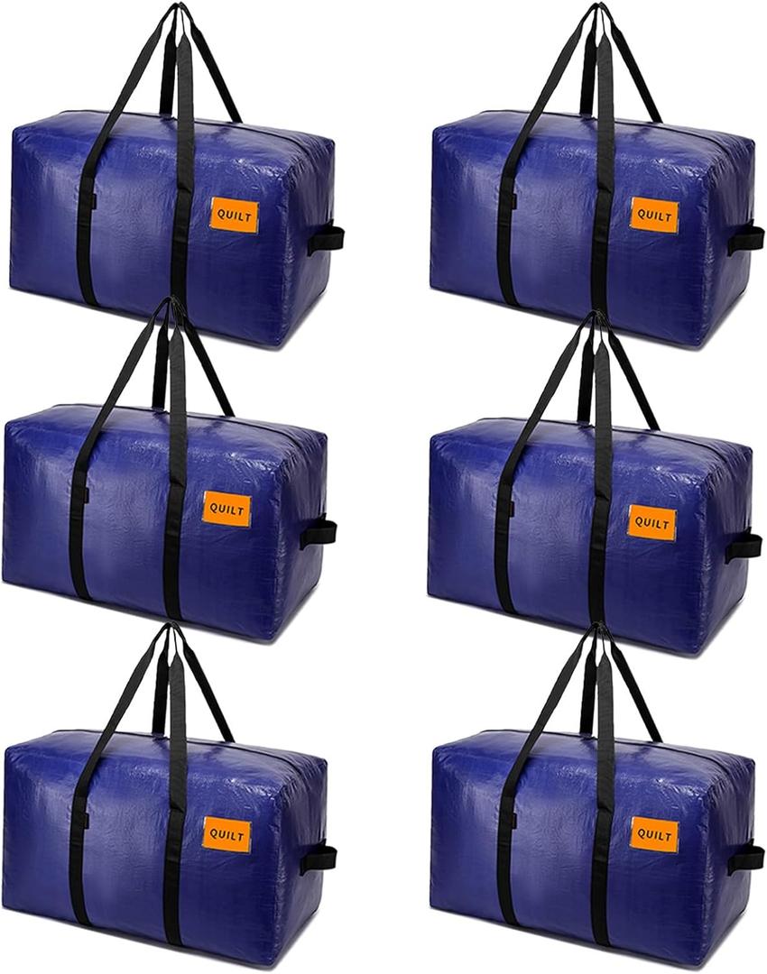 6 Pack Moving Bags Heavy Duty, Extra Large Storage Totes Bag with Zippers and Sturdy Handles, Packing Bags for Moving, Storage, Travel, Space Saving, Moving Boxes College Essentials Blue