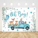 7x5ft Boy Baby Shower Woodland Theme Party Backdrop Oh Boy Blue Truck Balloons Green Leaves Cute Sika Deer Owl Fox Bear Photo Background Gender Reveal Party Decorations Props