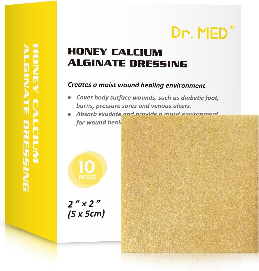 Dr. Med Manuka Honey Calcium Alginate Dressing 2"x2" (10 PCS/Box), Highly Absorbent dressings with Honey for Abrasions, Burns, Diabetic Foot, Pressure Sores and Venous Ulcers Faster Wound Care