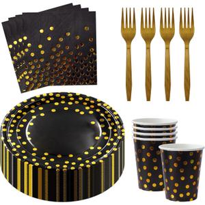 160 Pcs Black and Gold Paper Plates, Forks and Cups Party Supplies, black birthday plates Tableware Supplies for Birthdays, Graduations, Weddings, Holidays Serves 30 (7 inches)